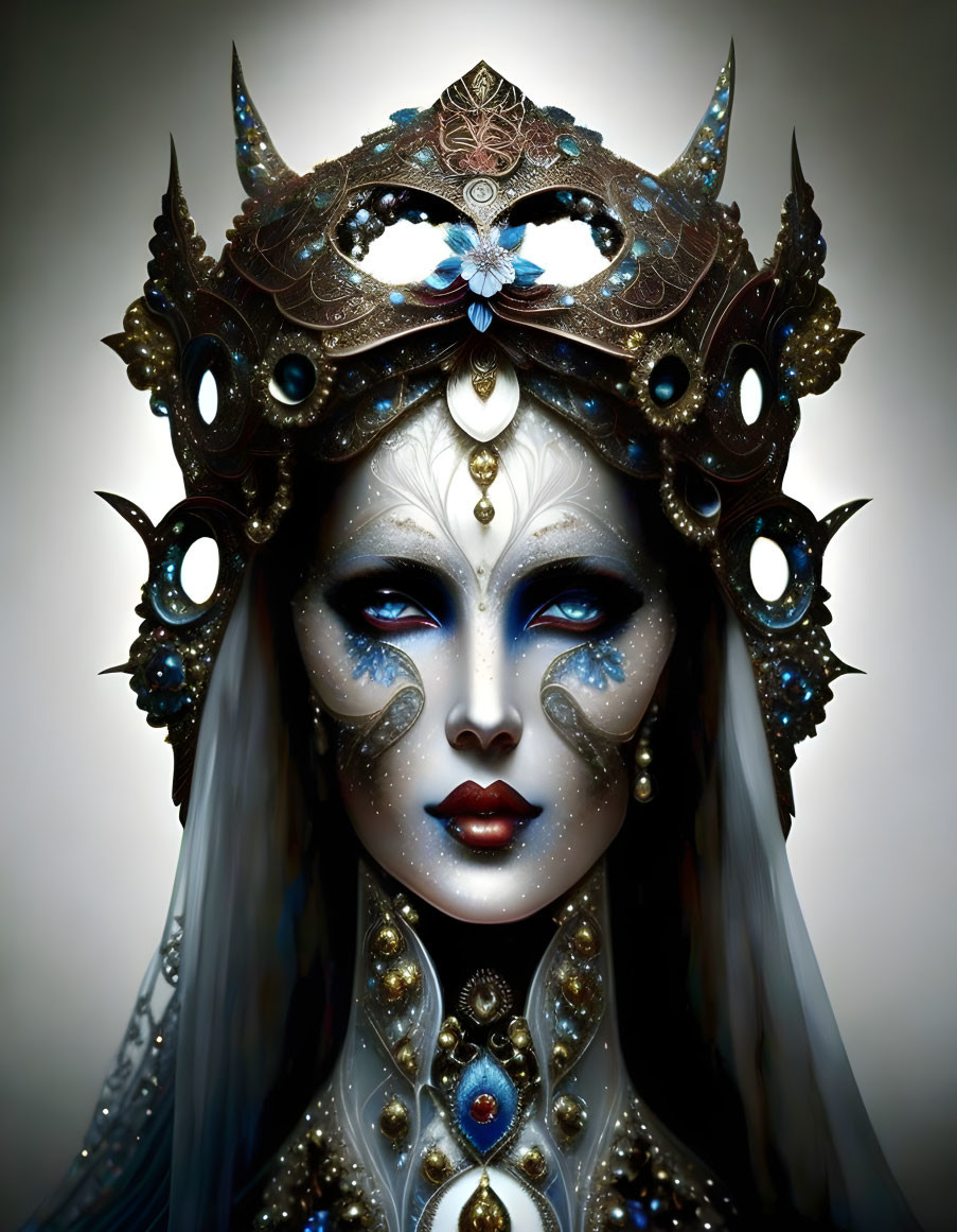 Elaborate Fantasy Headdress with White and Blue Makeup