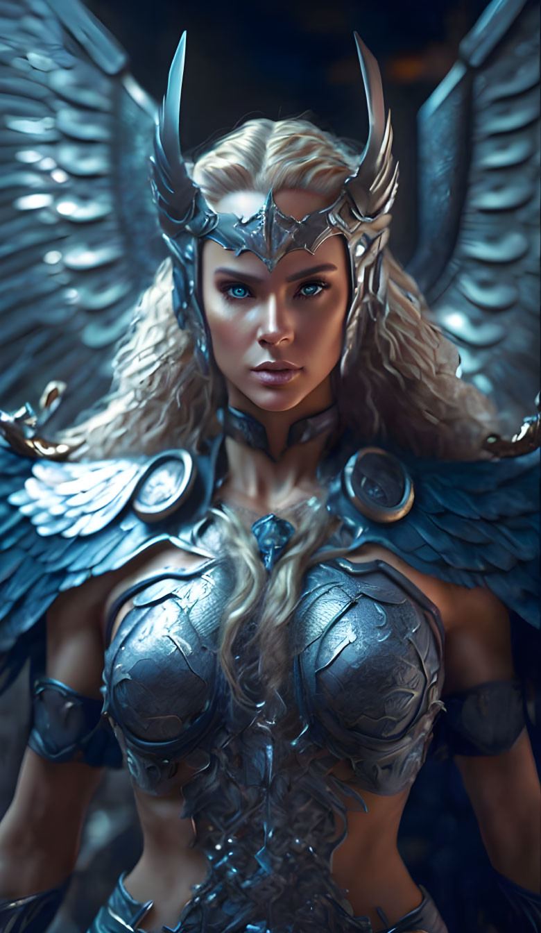 Female Warrior in Metallic Winged Armor and Horned Helmet on Dark Background