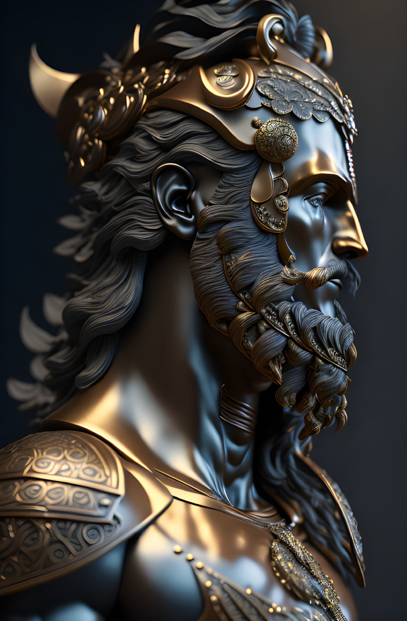 Detailed 3D illustration of a warrior with horned helmet, intricate armor, and majestic beard on