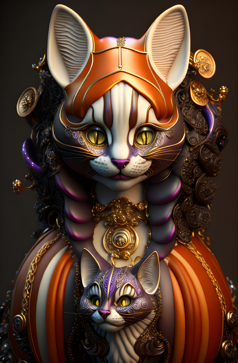 Intricate golden embellished cat art on dark background