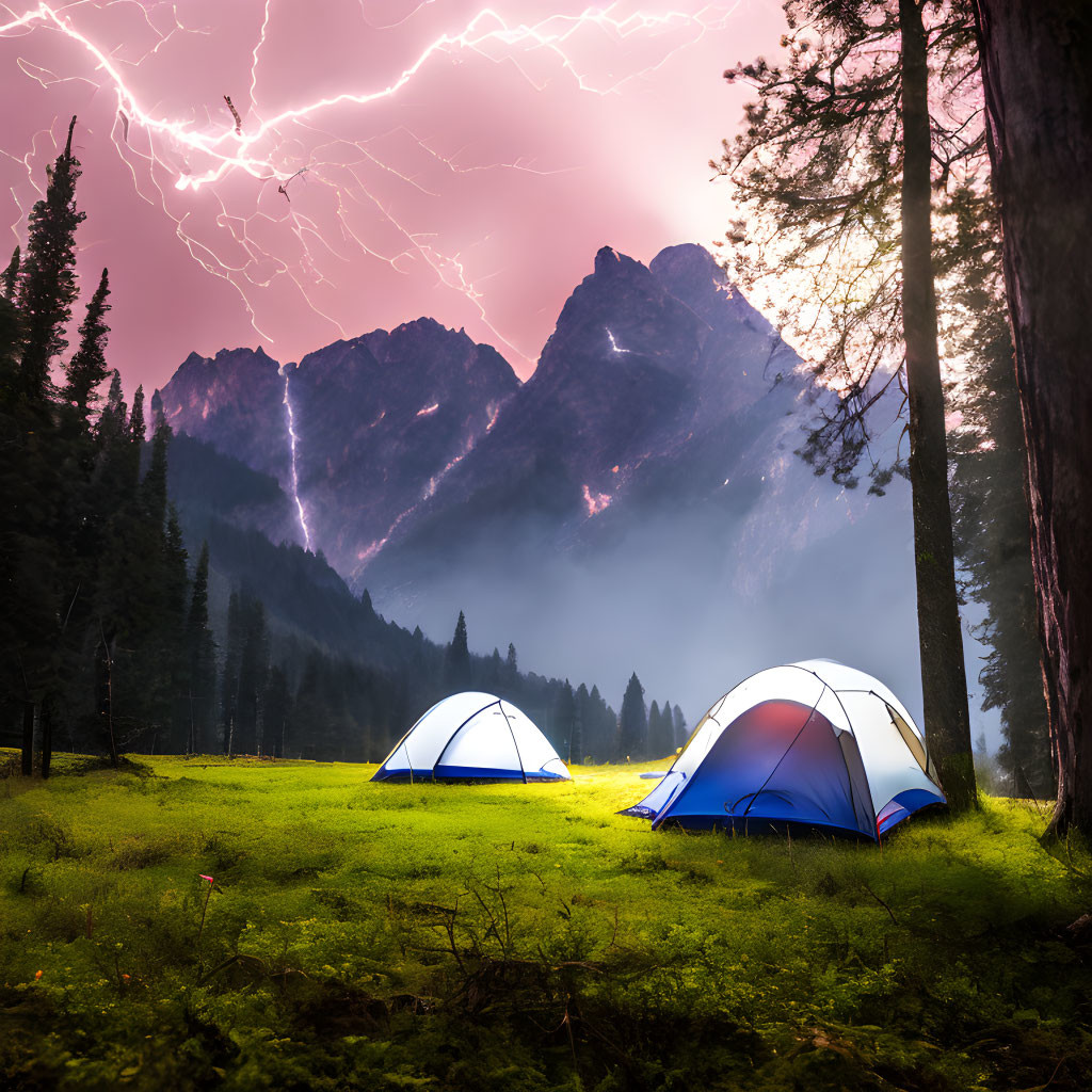 Illuminated tents on vibrant field with stormy sky and lightning bolt