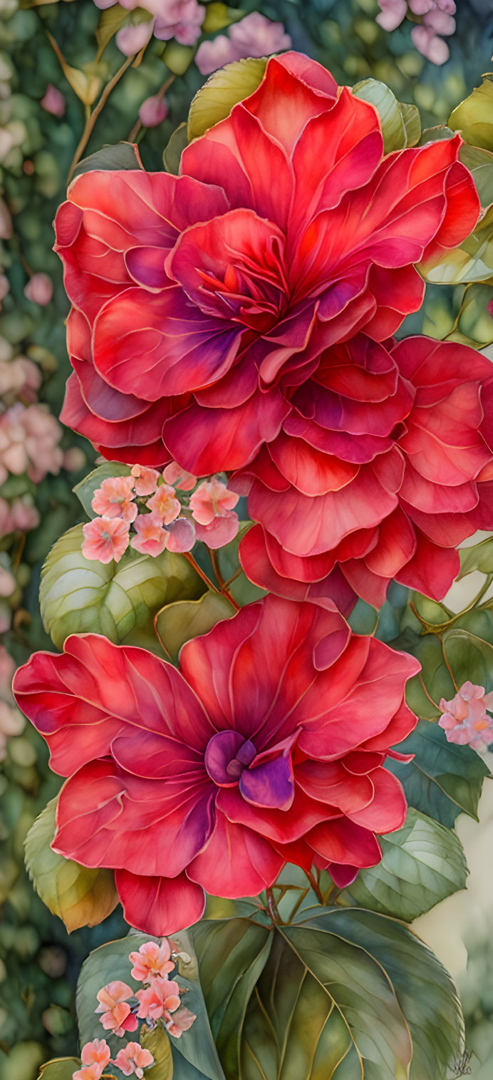 Colorful red and pink flowers with green foliage on textured backdrop