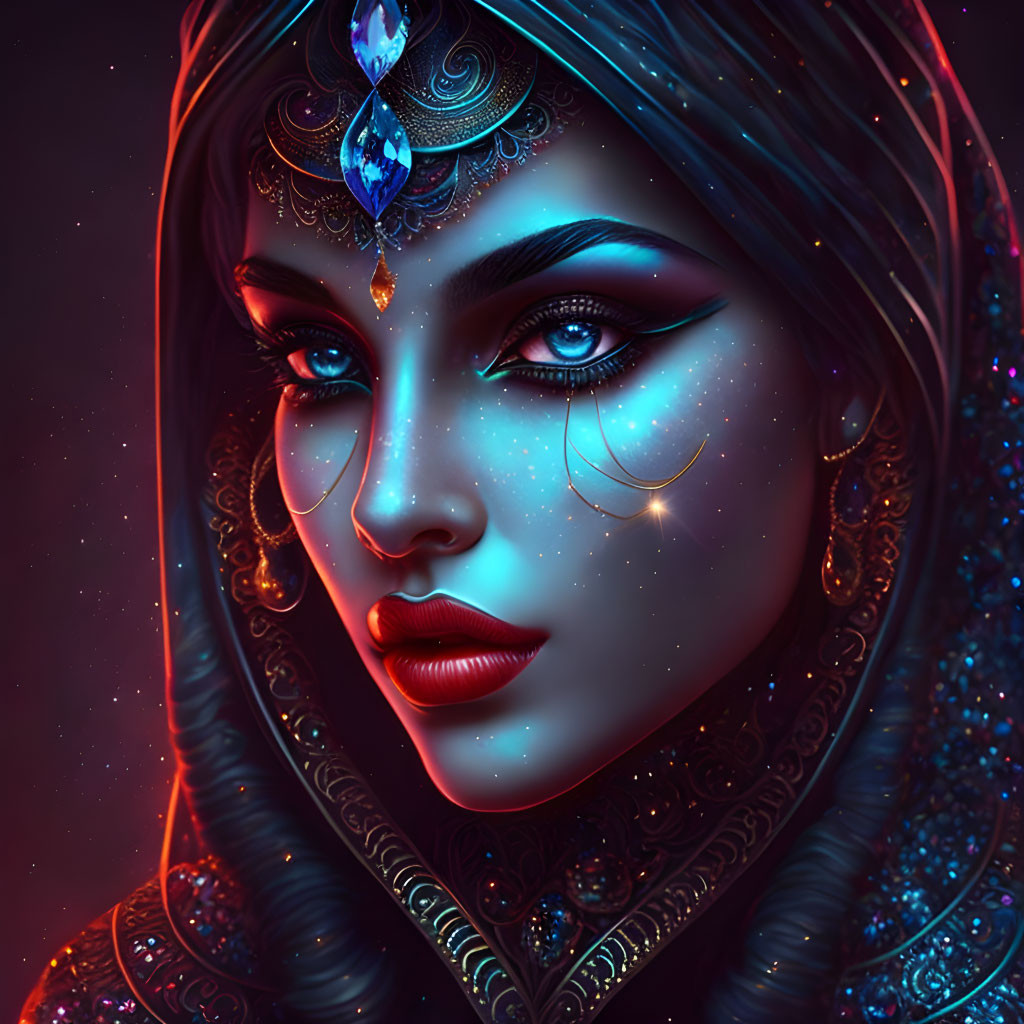 Digital artwork: Woman with jeweled headdress, blue makeup, ornate earrings on starry backdrop