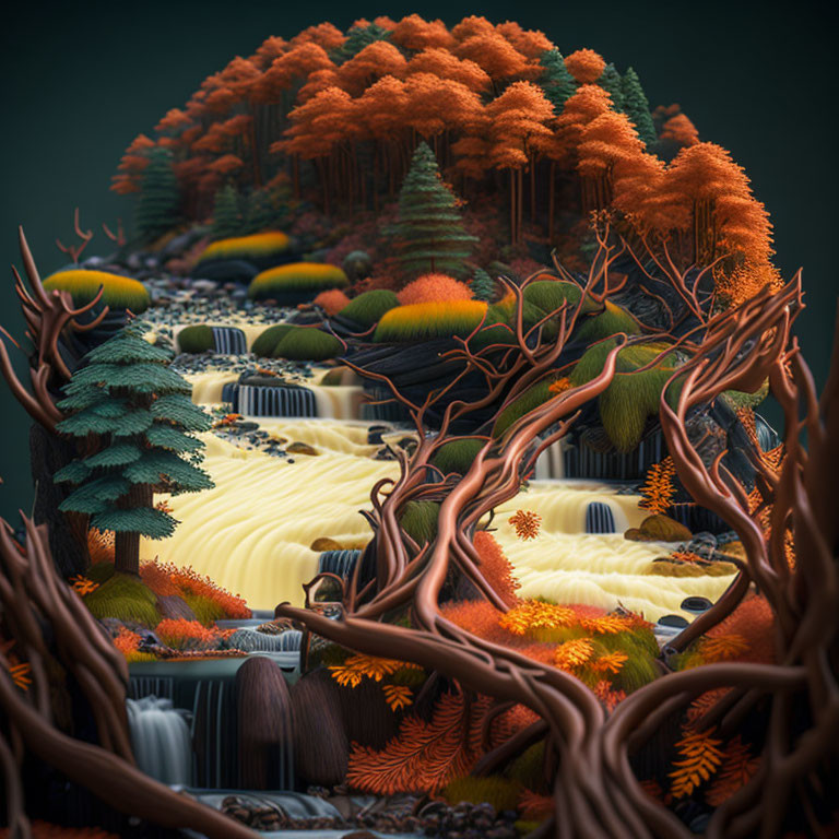 Fantastical landscape with waterfalls, autumn trees, and twisting roots