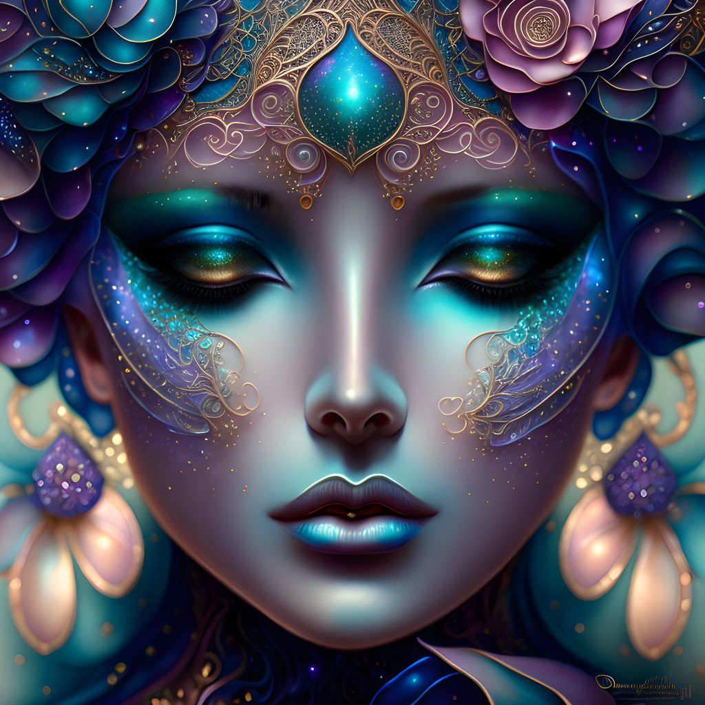 Celestial-themed woman's face with closed eyes in blue and purple hues