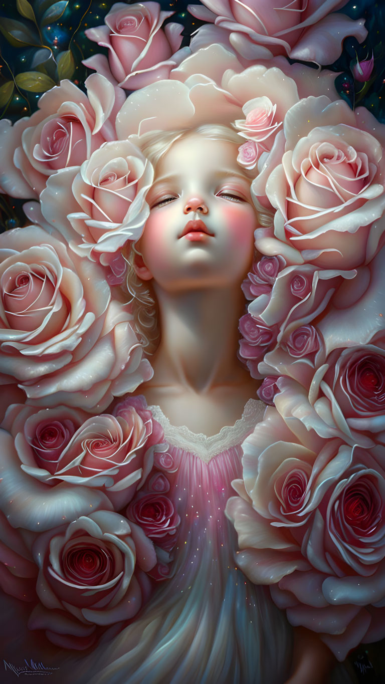 Surreal portrait of person with blooming roses and starry night sky