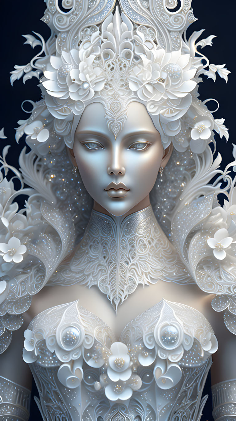 Detailed Floral Fantasy Artwork with Figure in White Headdress