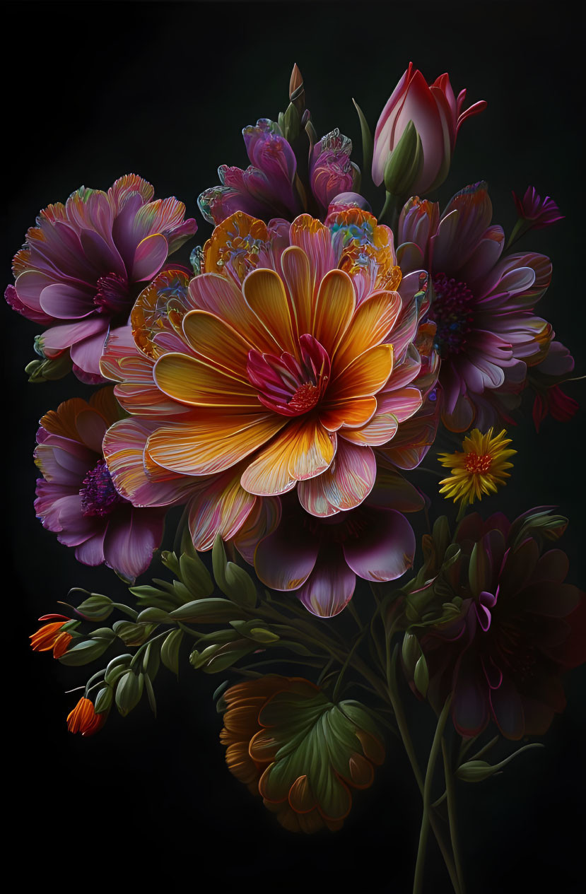 Colorful Illustrated Flower Bouquet on Dark Background