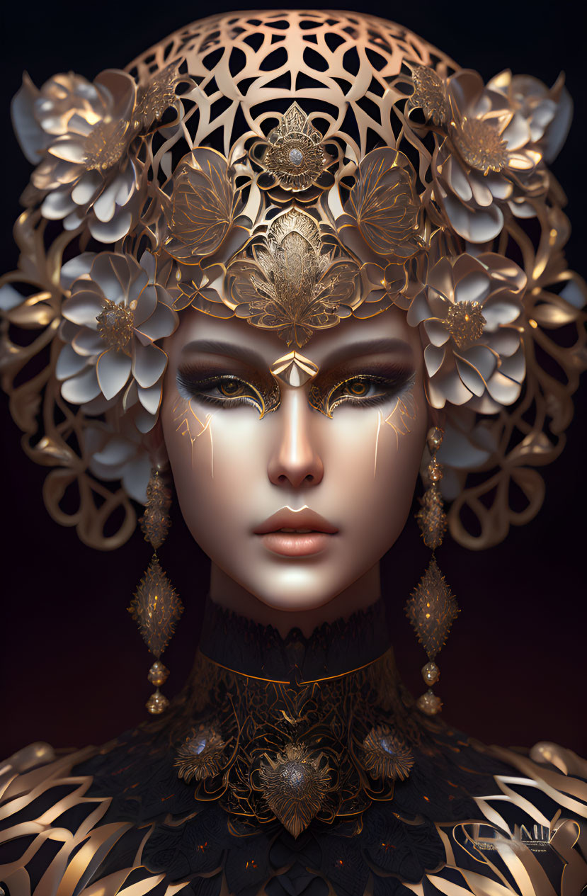 Golden headdress adorned woman with floral jewelry in serene expression