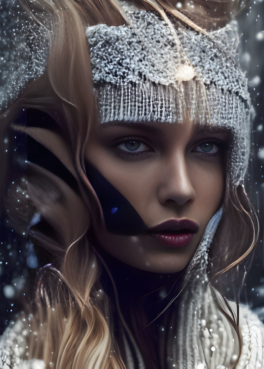 Intense woman with sequined headband and dark lipstick in snowy setting