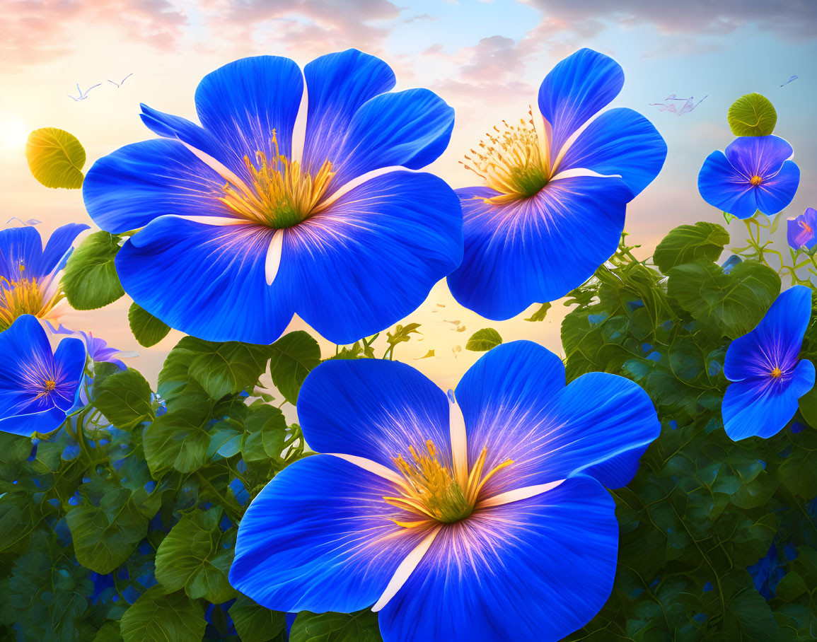 Colorful Blue Flowers with Yellow Centers and Dragonflies in Sunset Sky