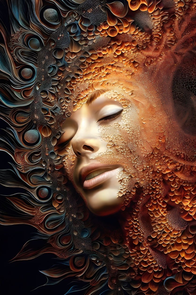 Surreal portrait with textured patterns blending human features and organic elements