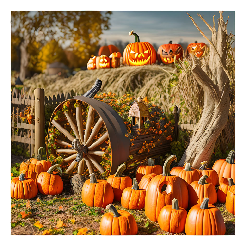 Autumn scene with pumpkins, jack-o'-lanterns, wooden wheel, fence, and