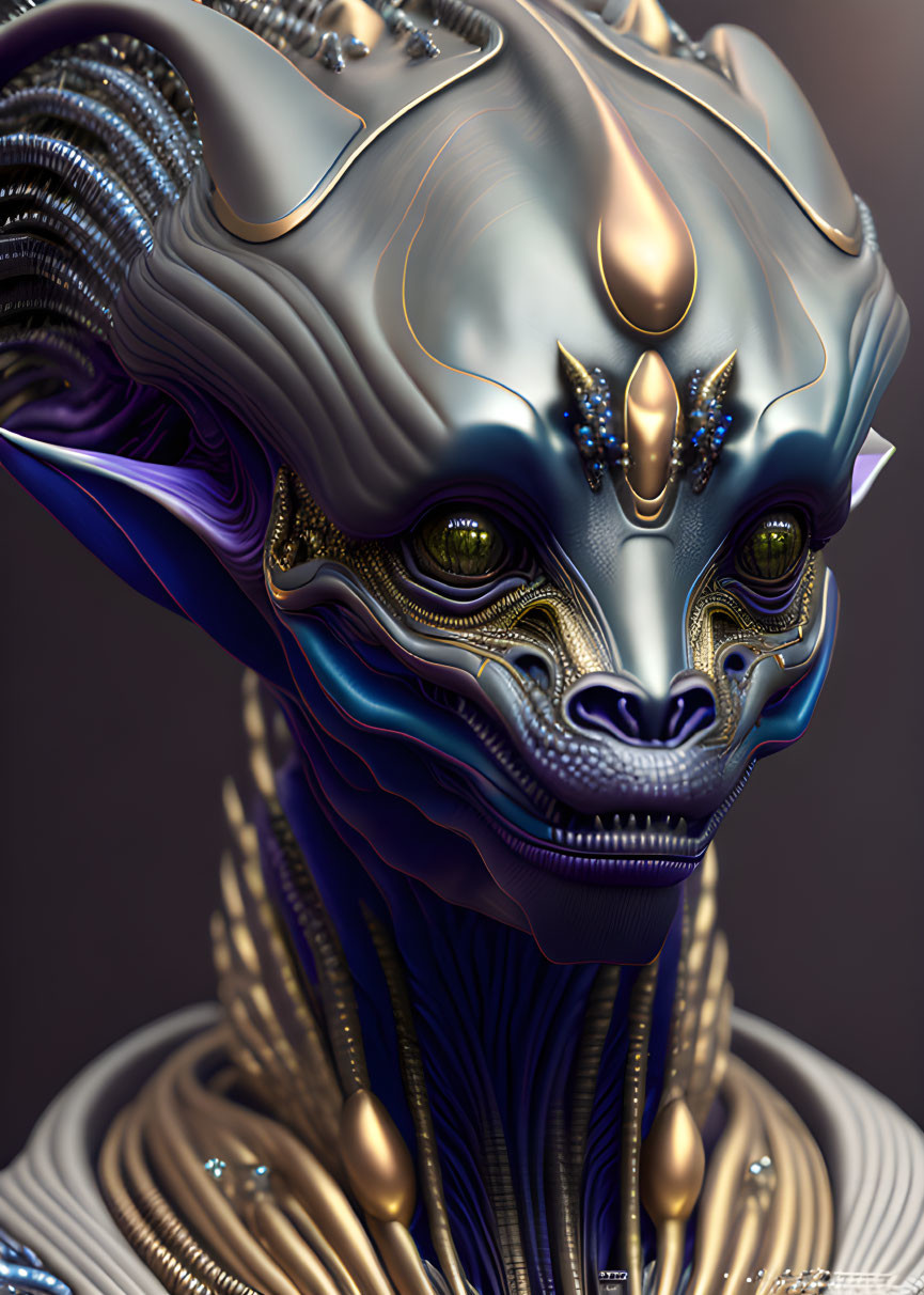 Detailed Digital Portrait of Grey-Skinned Alien with Golden Accents