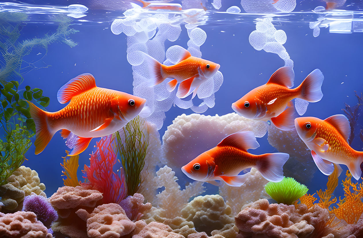 Colorful goldfish in vibrant underwater scene with bubbles and coral.