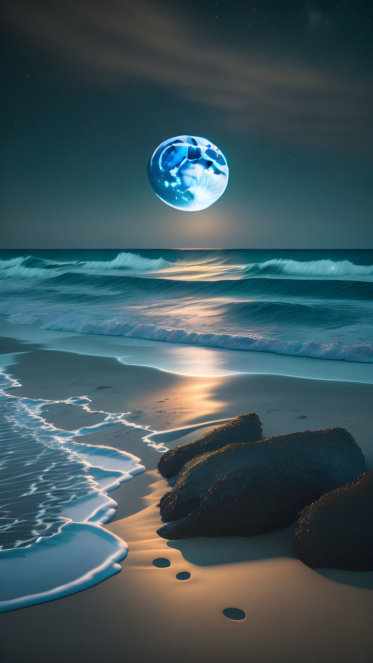 Night Beach Scene: Glowing Waves, Moon, Rocks