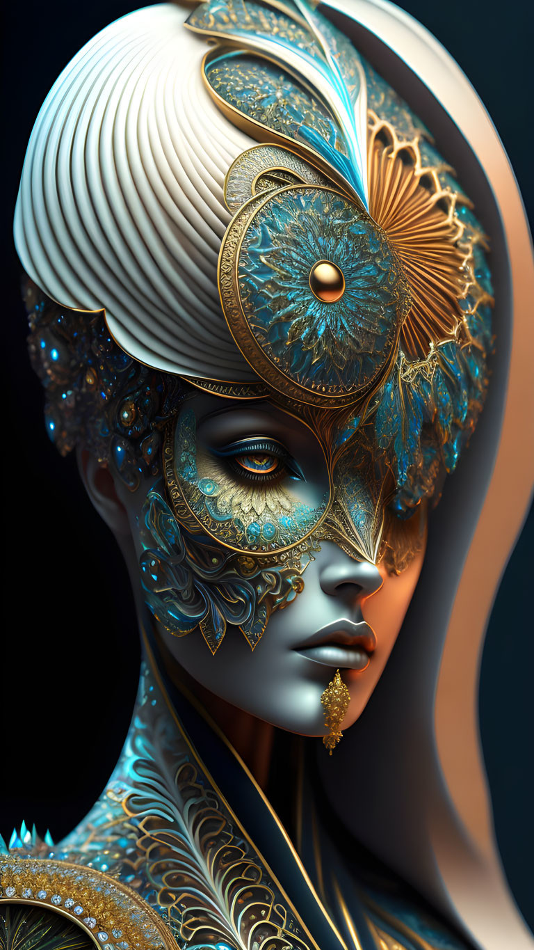 Regal woman in gold and blue mask with elaborate headdress