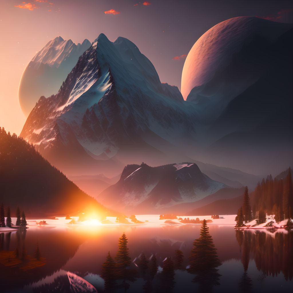 Tranquil sunset lake scene with pine trees, mountains, and a distant planet