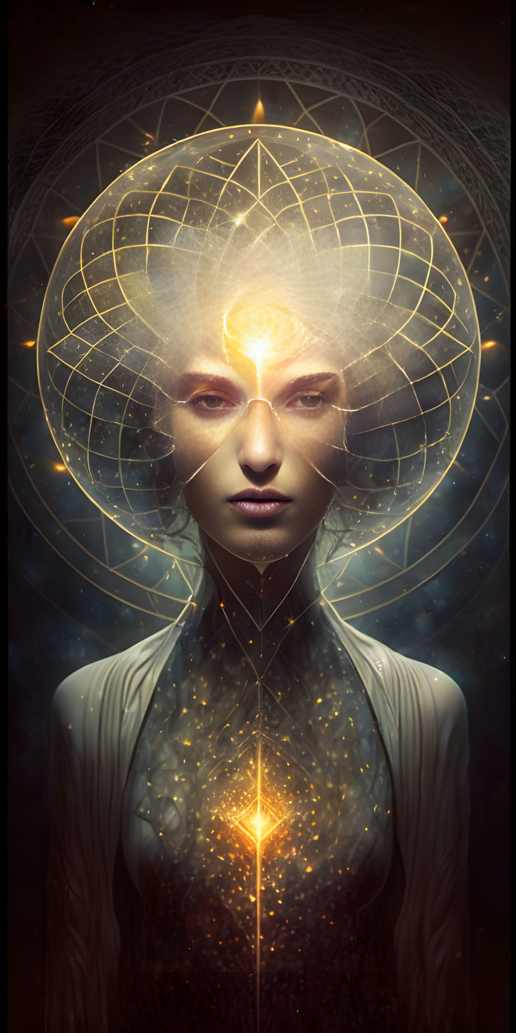 Mystical digital artwork with humanoid figure and glowing symbols