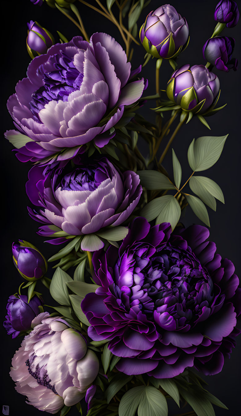 Deep purple peonies and buds on dark background