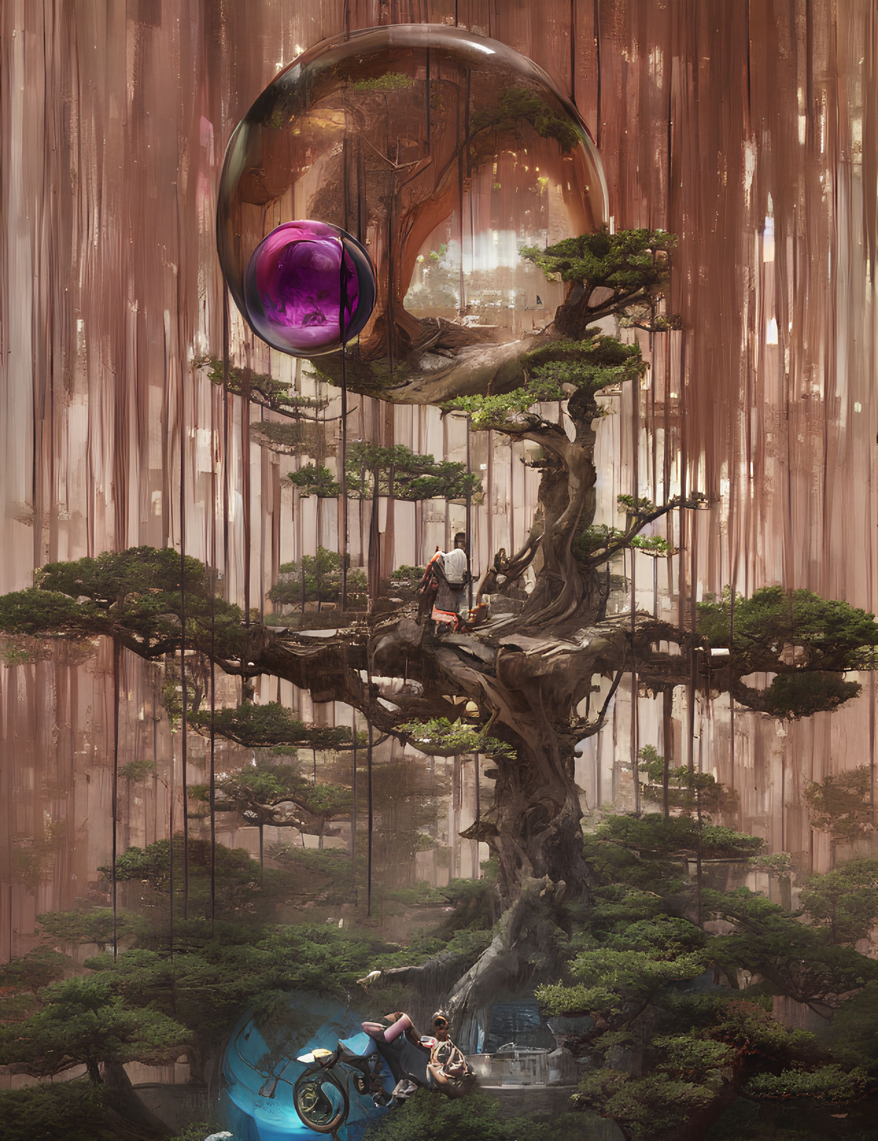 Ancient tree with futuristic pods and crashed motorcycle in mystical forest