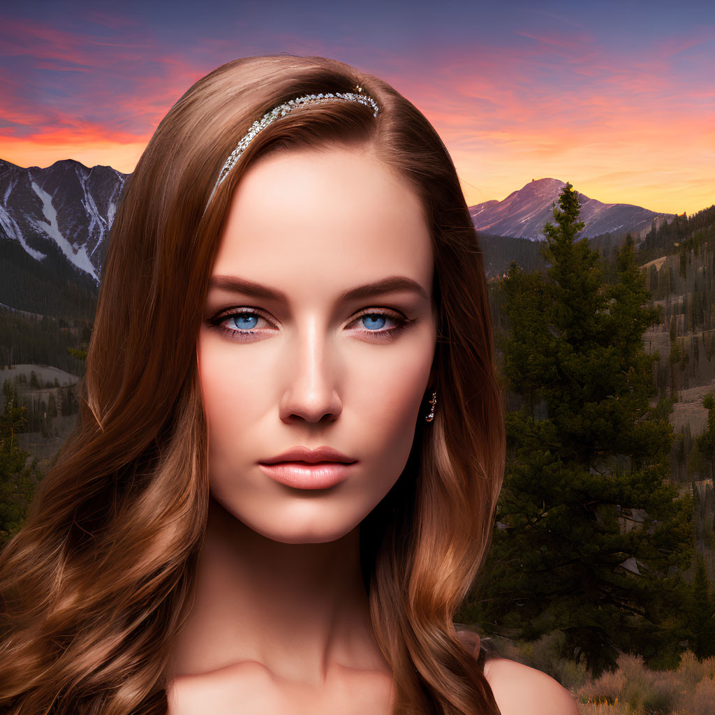 Woman with Blue Eyes and Headband in Mountain Sunset Scene