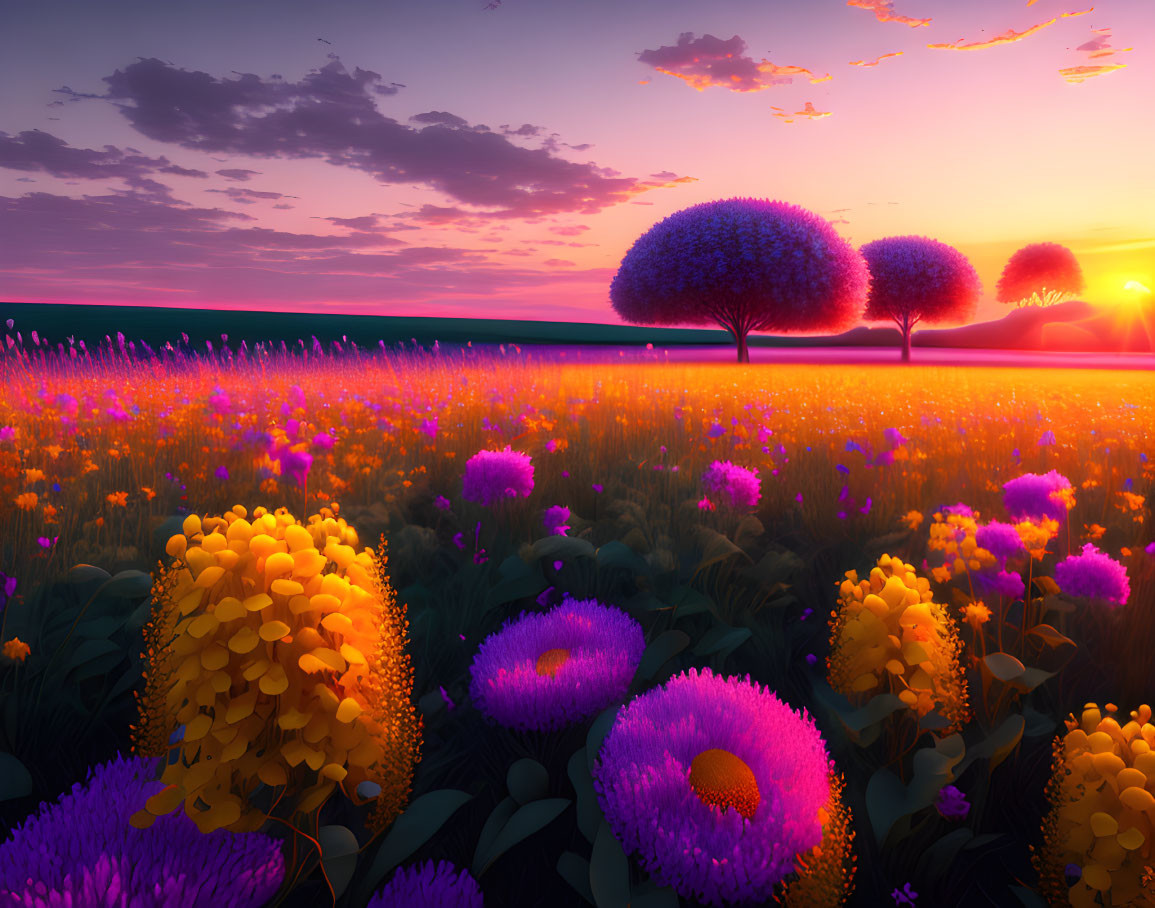 Colorful Flowers Field Sunset Silhouette Trees Purple Orange Sky