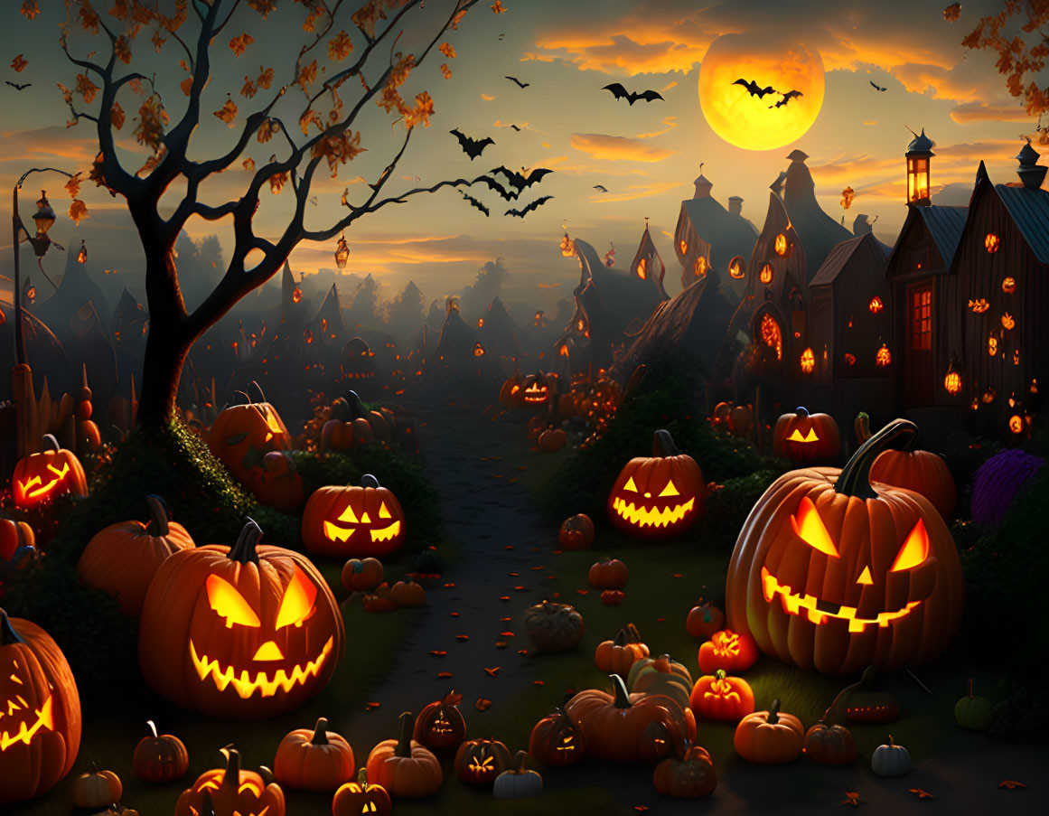 Spooky Halloween illustration with carved pumpkins, village, bats, and full moon