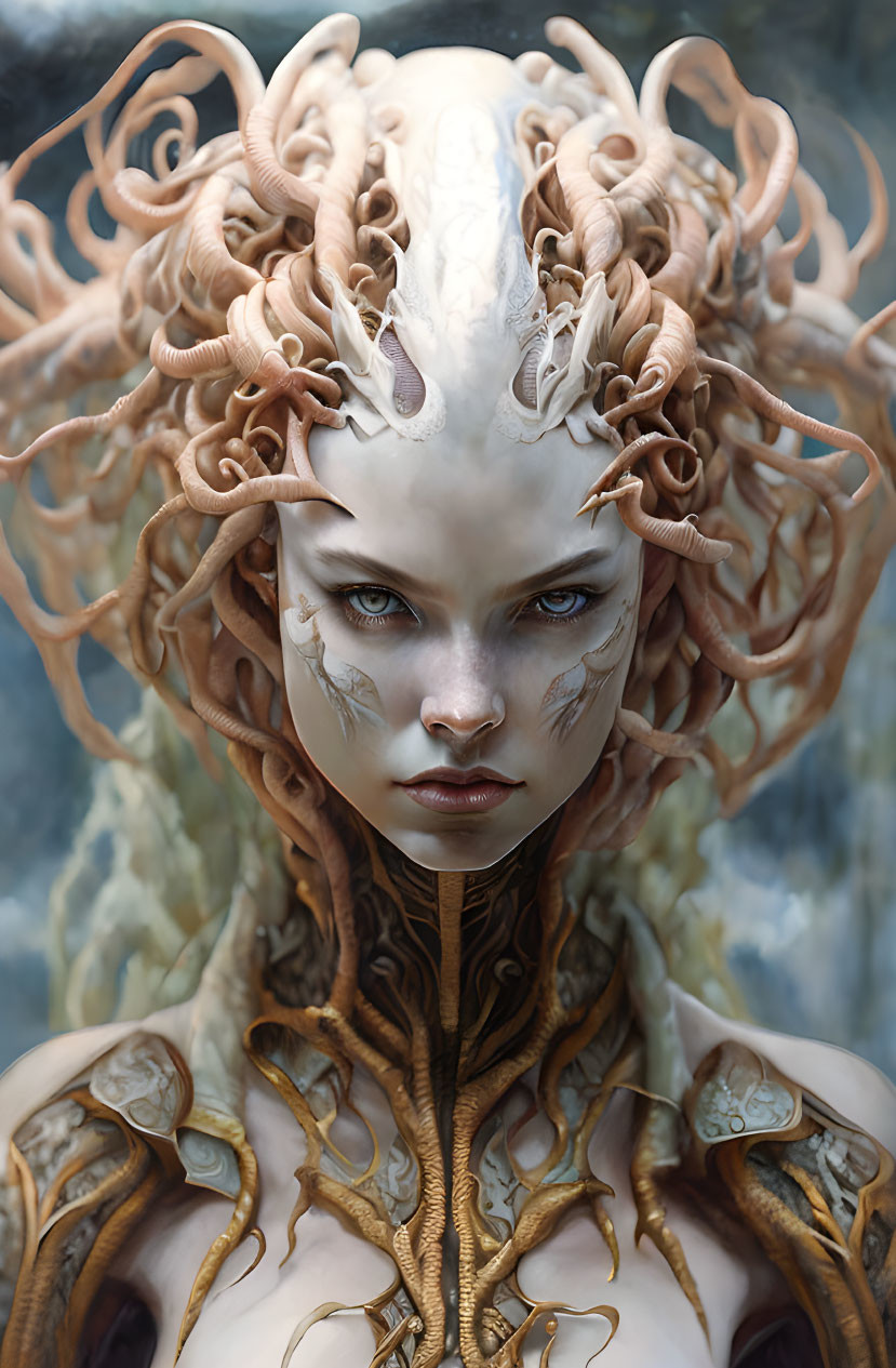 Fantastical female character with pale skin, blue eyes, serpentine hair, and ornate