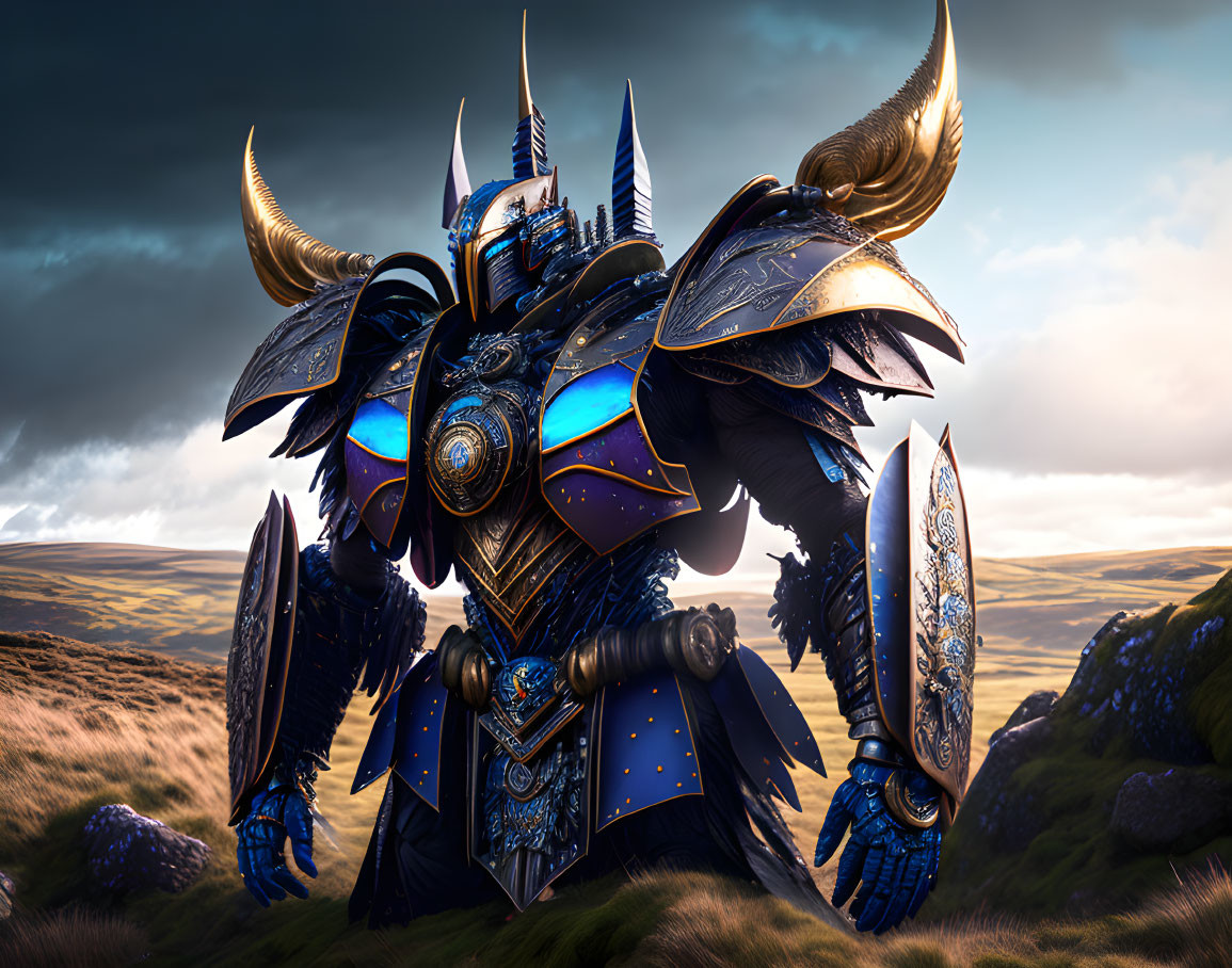 Fantasy armored knight with golden horns in dramatic grassland landscape