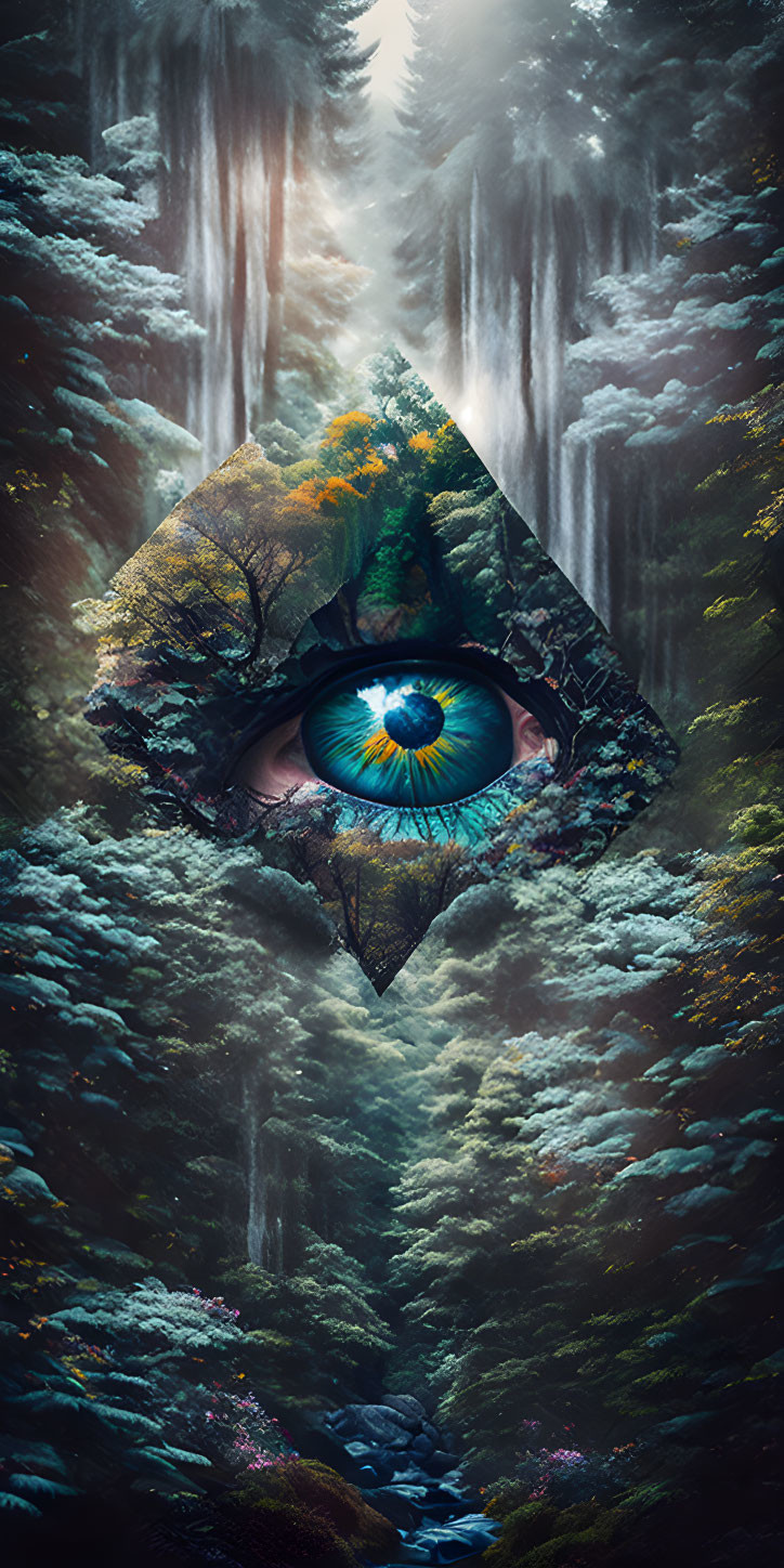 Surreal forest landscape with eye-shaped opening and vibrant blue eye