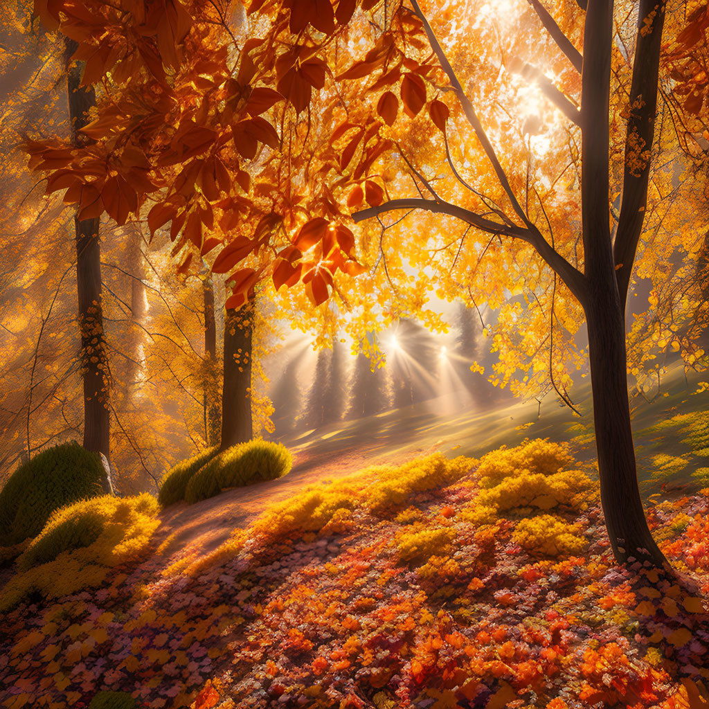 Colorful Autumn Forest with Sunbeams and Foliage Glow