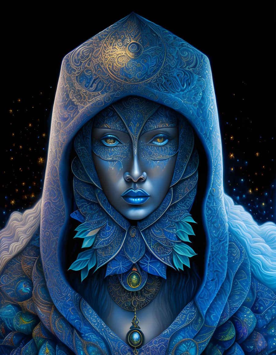 Blue-skinned mystical figure in celestial attire on starry night backdrop