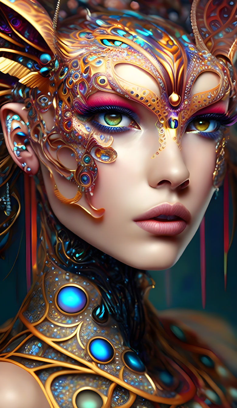 Detailed digital portrait of female figure in golden and blue fantasy headgear and armor with gemstones.