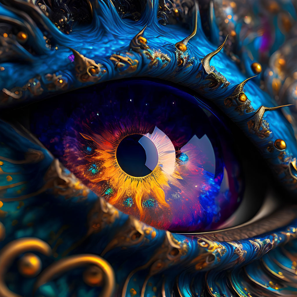 Surreal eye illustration with intricate blue and gold designs