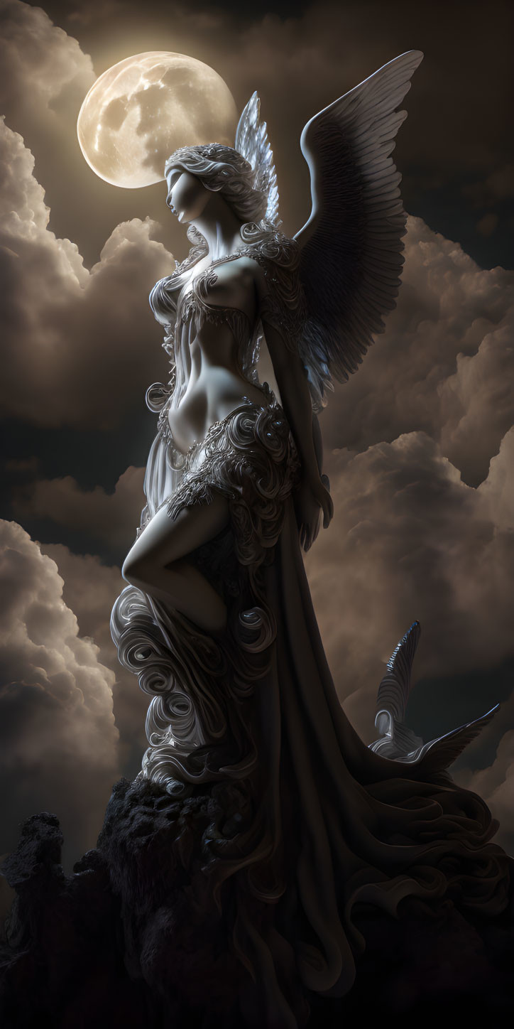 Ethereal angelic figure with wings under full moon on rock in flowing robes