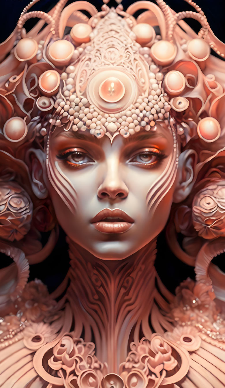 Symmetrical digital art of woman with elaborate peach and cream headdress