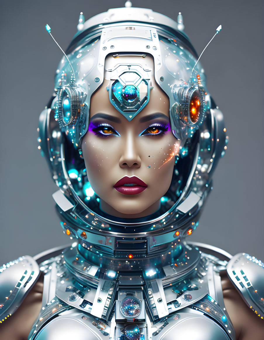 Detailed Silver-White Helmet on Female Robot with Teal Gemstone