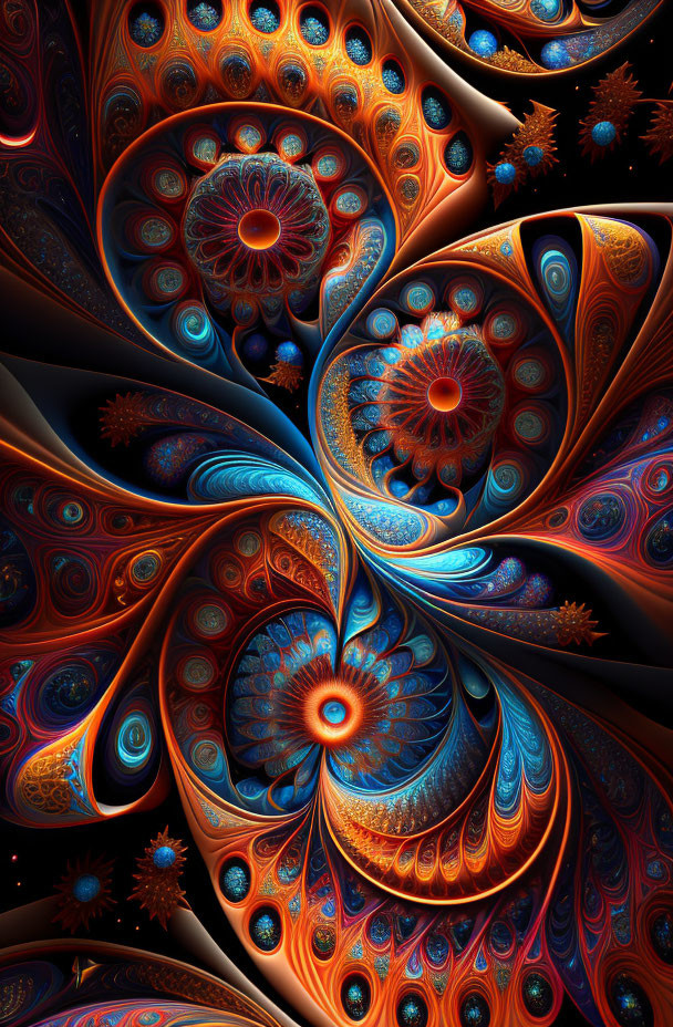 Colorful Fractal Art: Blue, Orange, Gold Swirls