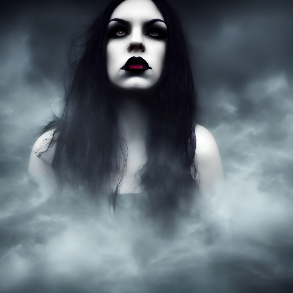 Pale woman with dark hair and black lipstick in misty surroundings