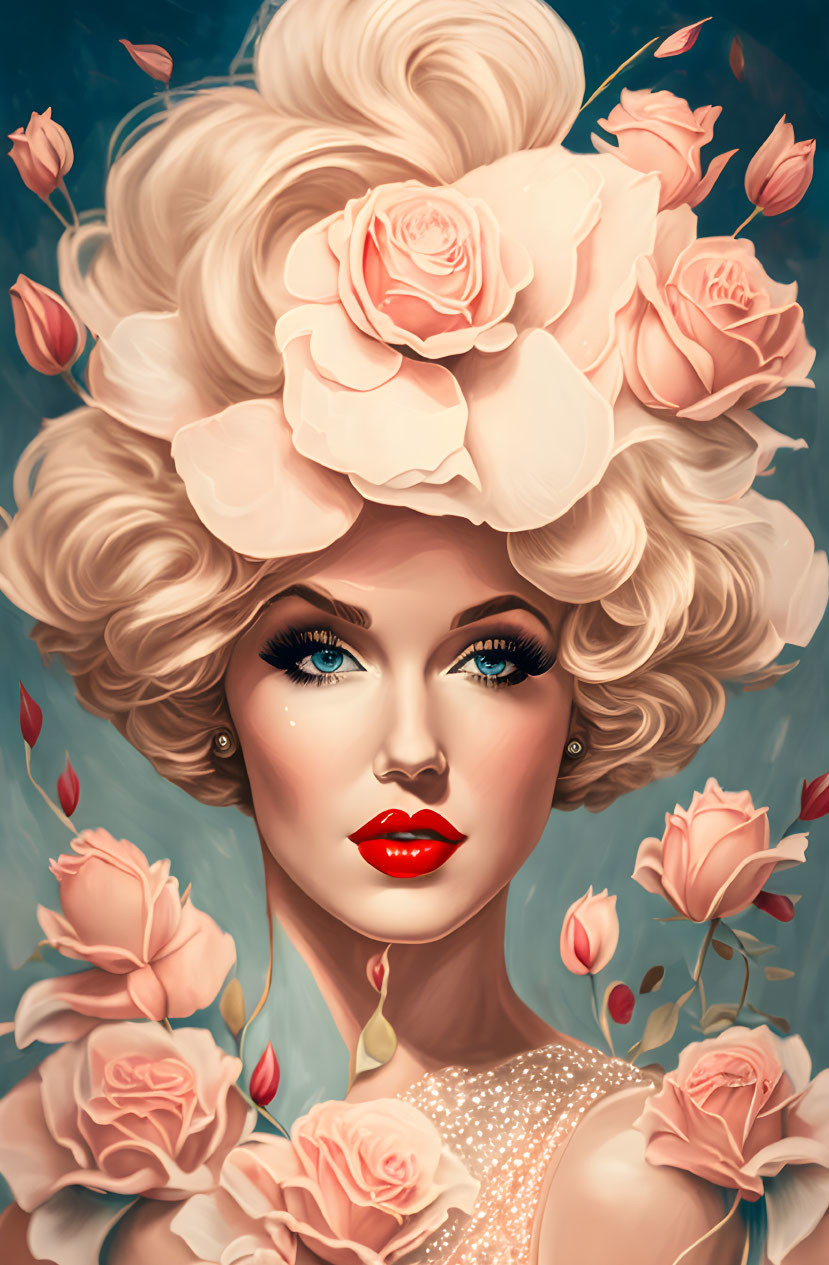 Illustration of woman with blonde hair, pink roses, blue eyes, red lips, and rose petals