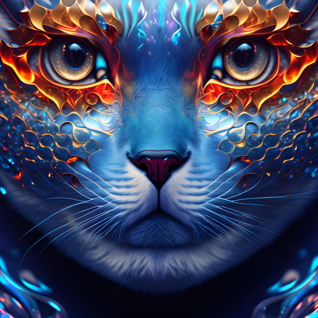 Vibrant digital artwork: Leopard's face with fiery eyes and blue patterns