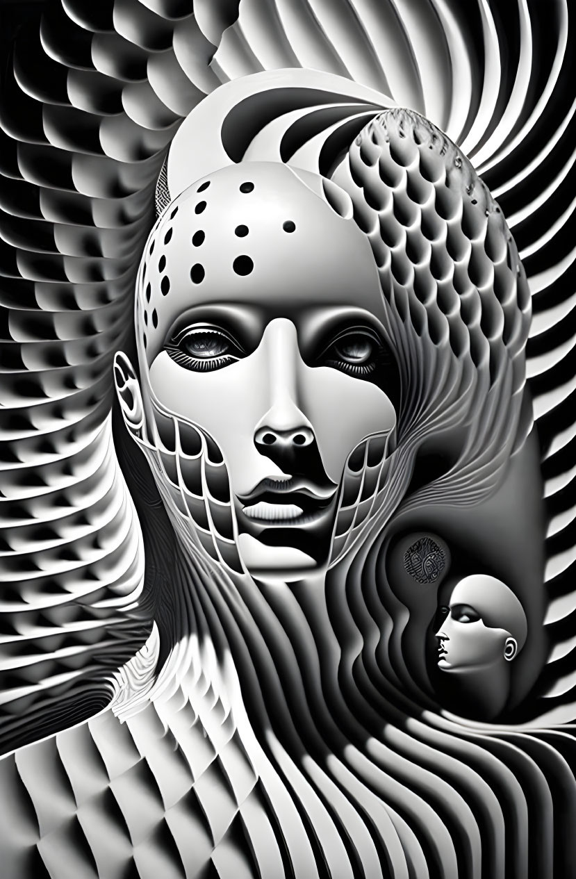 Grayscale optical illusion: Abstract faces with wavy patterns