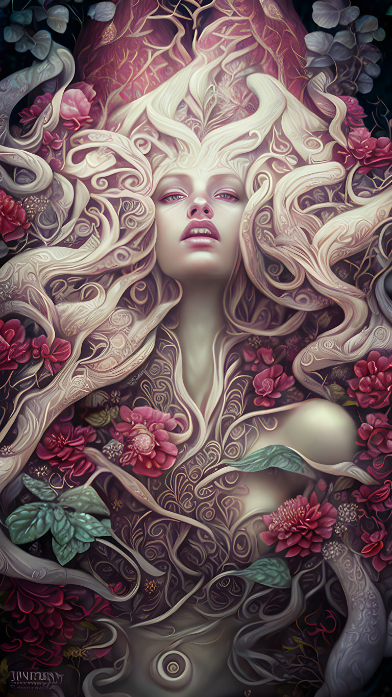 Woman with flowing hair, roses, and mystical aura portrait.