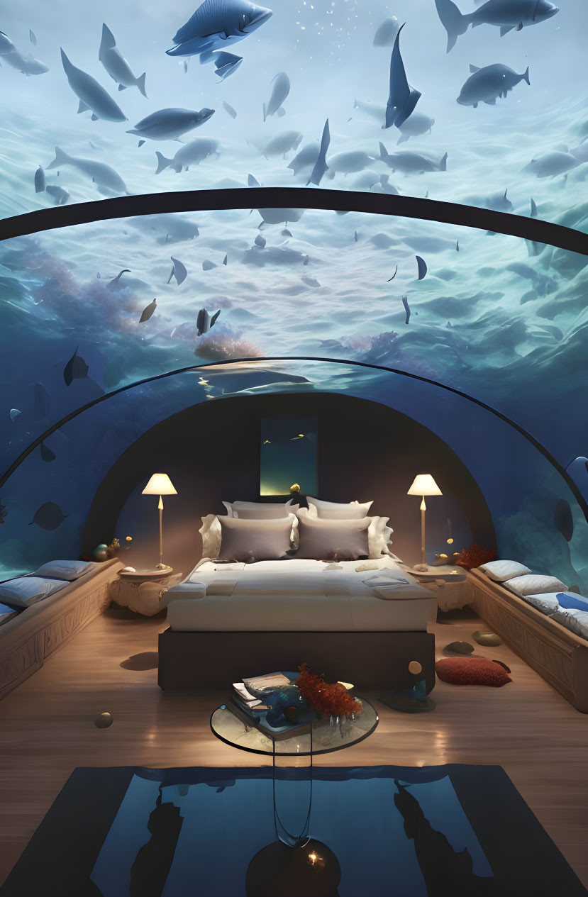 Luxurious underwater bedroom with large bed, seating, glass dome ceiling, swimming fish, mood lighting