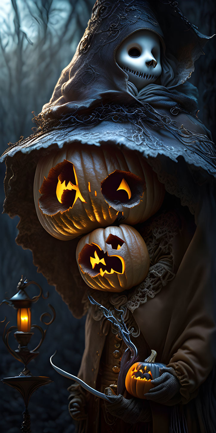 Spooky figure in dark forest with jack-o'-lanterns and lantern