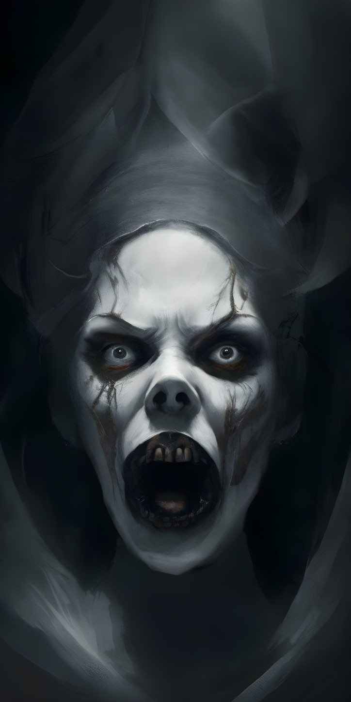 Ghostly Figure with Pale Face and Screaming Mouth on Dark Background