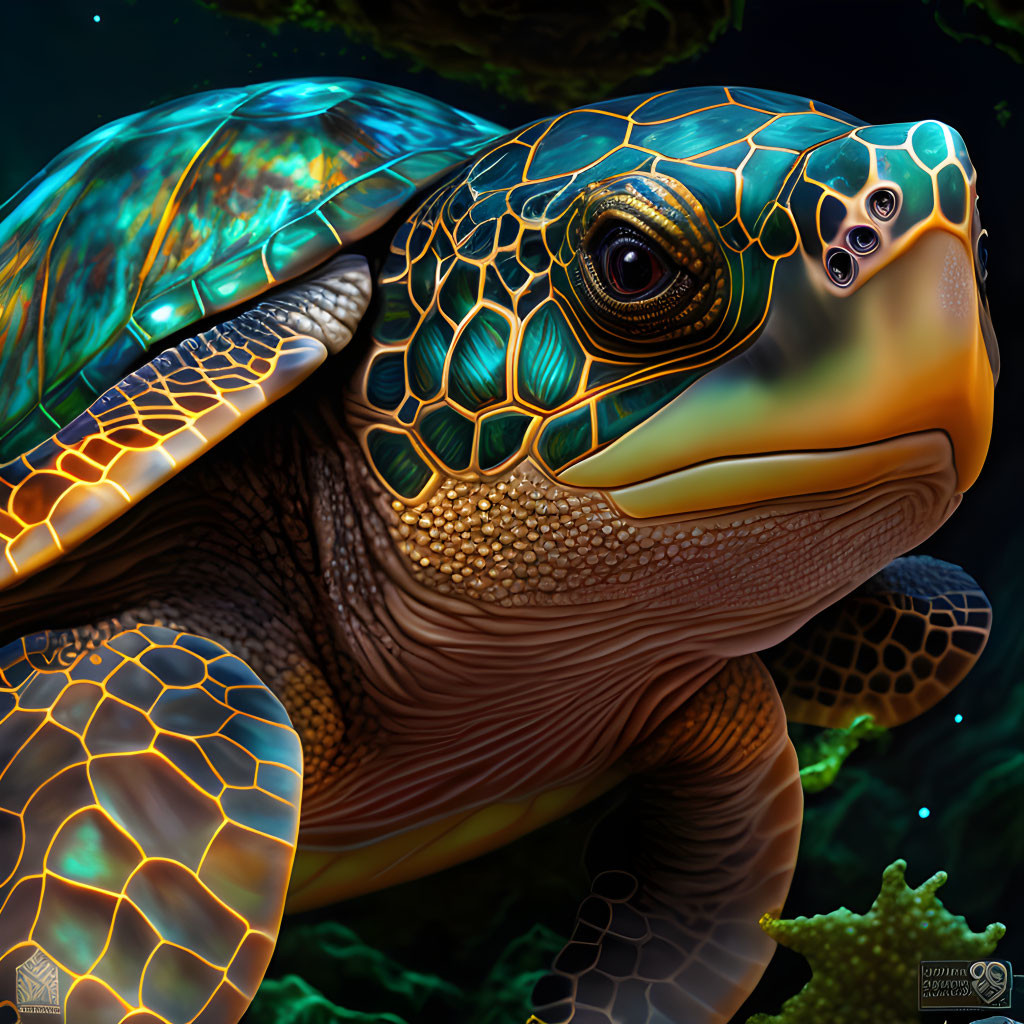 Detailed sea turtle illustration with shiny shell and intricate patterns in dark underwater setting