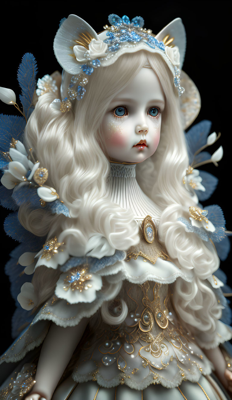 Intricate blue and gold attire on porcelain doll with blonde hair