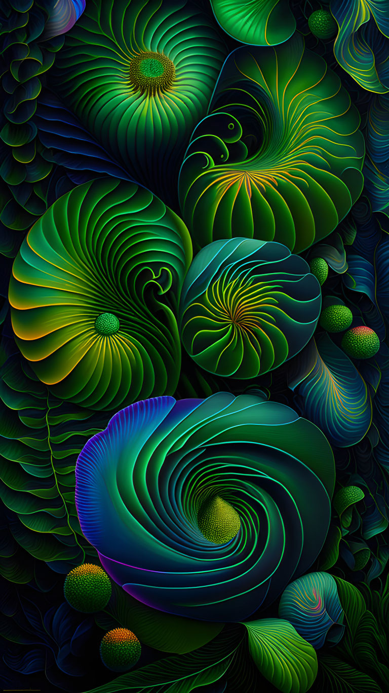 Abstract Digital Art: Vibrant Green and Blue Swirling Shapes of Shells and Peacock Feathers